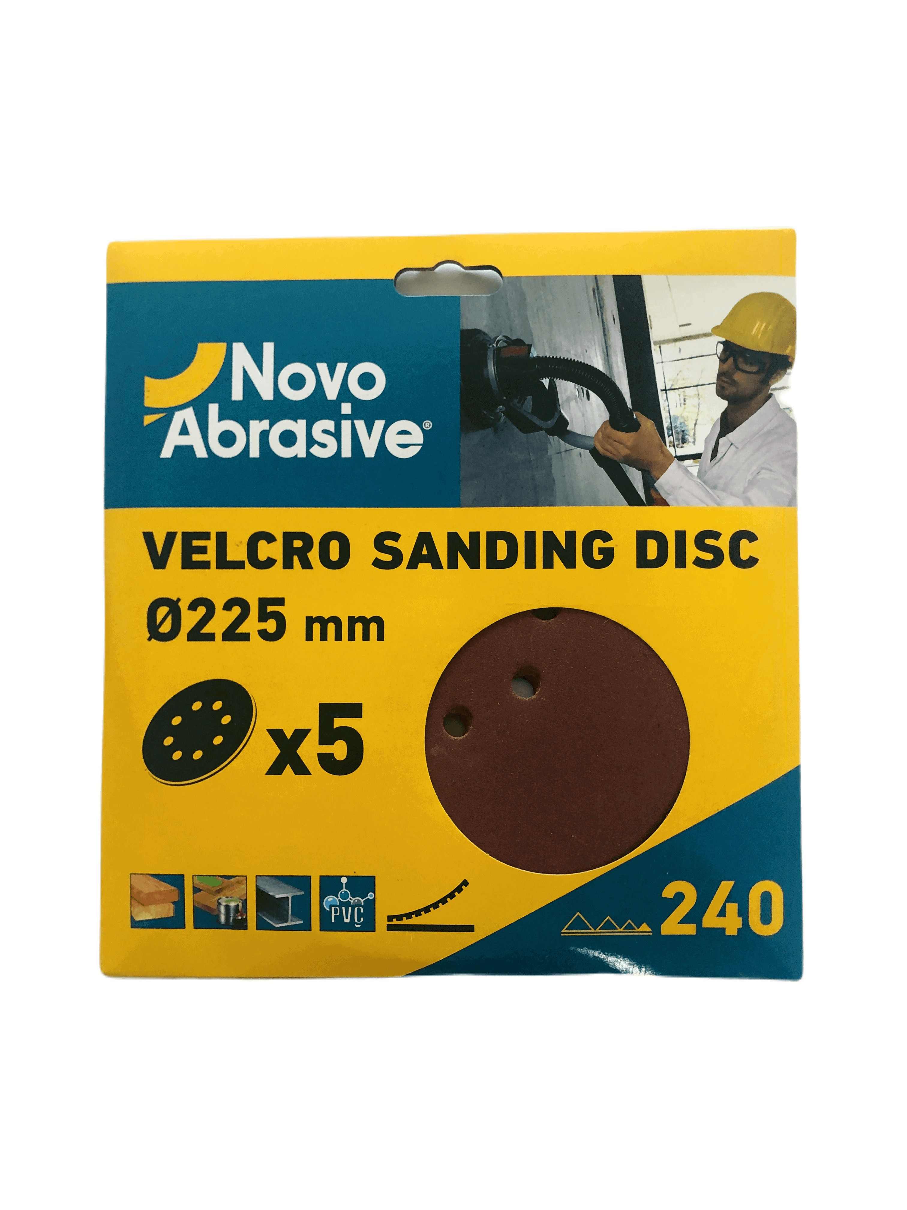 Круг шліфувальний самозачепний NovoAbrasive 225 мм, Р240, 8 отв., упак. 5шт.